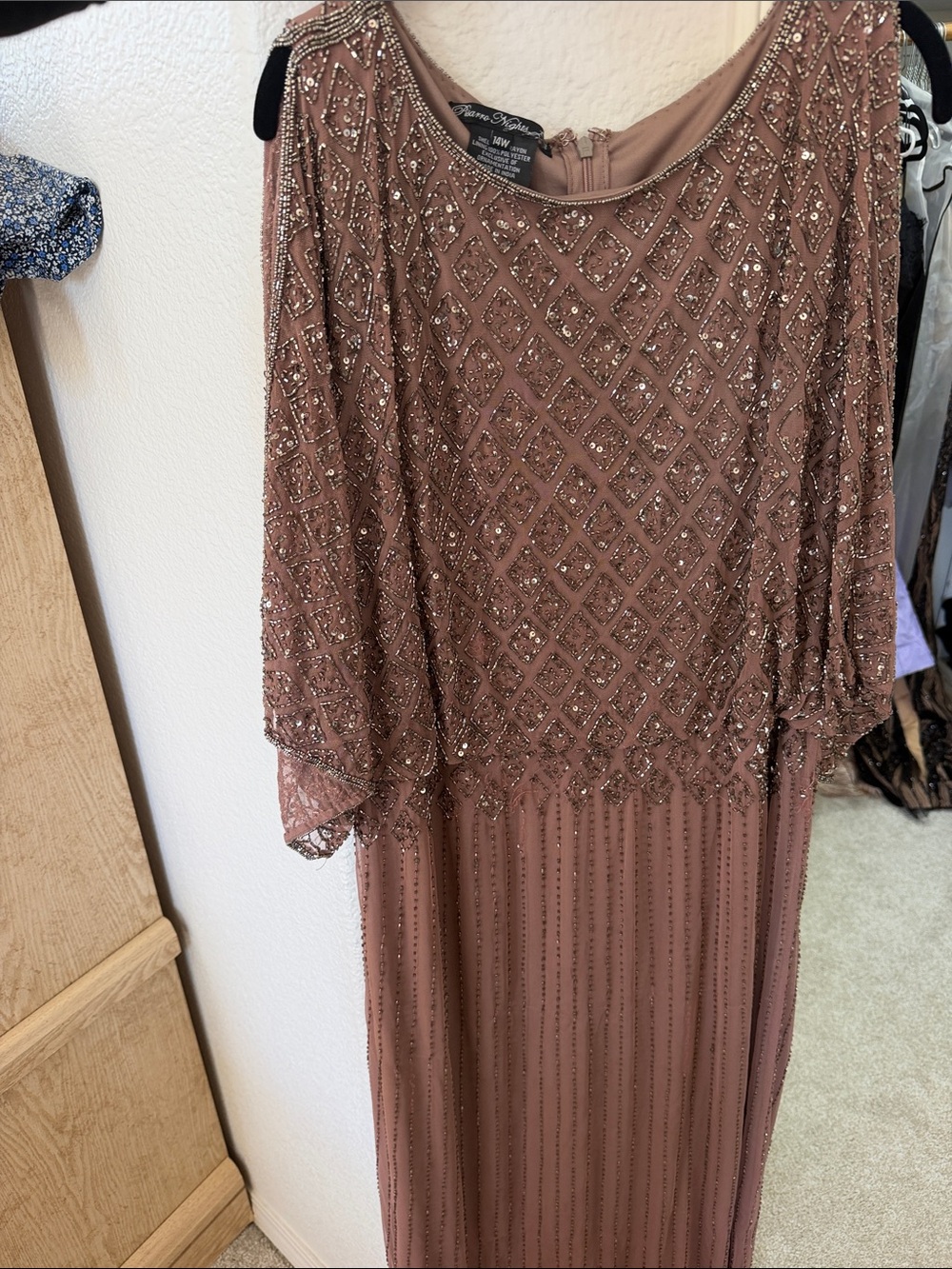 Adrianna Papell Rosewood Beaded Long Sleeve Evening Gown